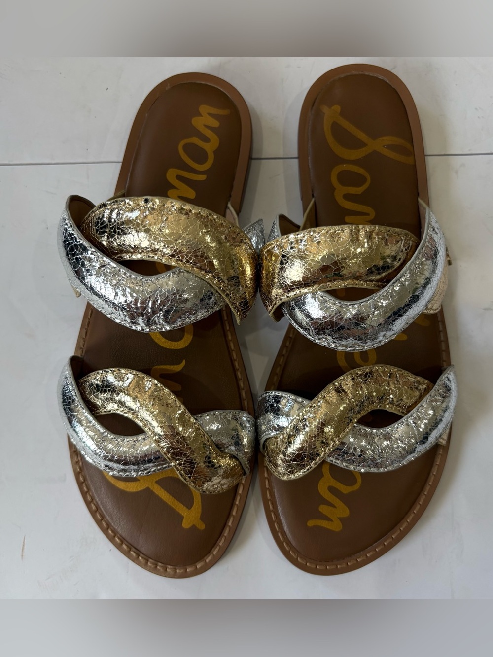 Sam Edelman Hellen Sandals Women 9M Gold Silver Metallic Braided Flat Slides
